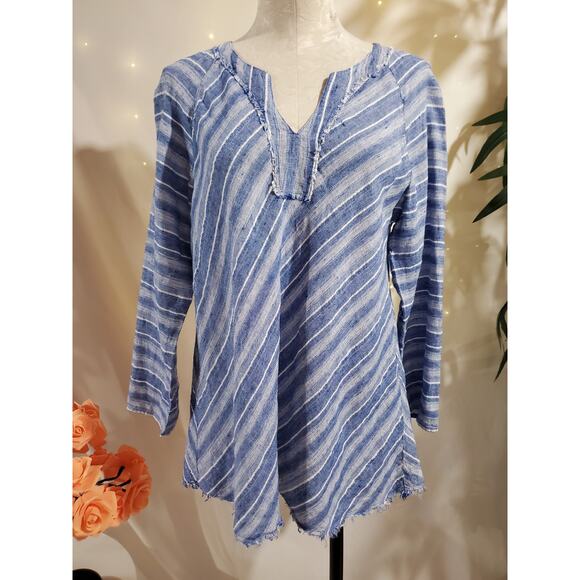 Nic + Zoe Freshwater Striped Linen Tunic Top Size L Blue Boho Raw Fringe Hem - Picture 1 of 11